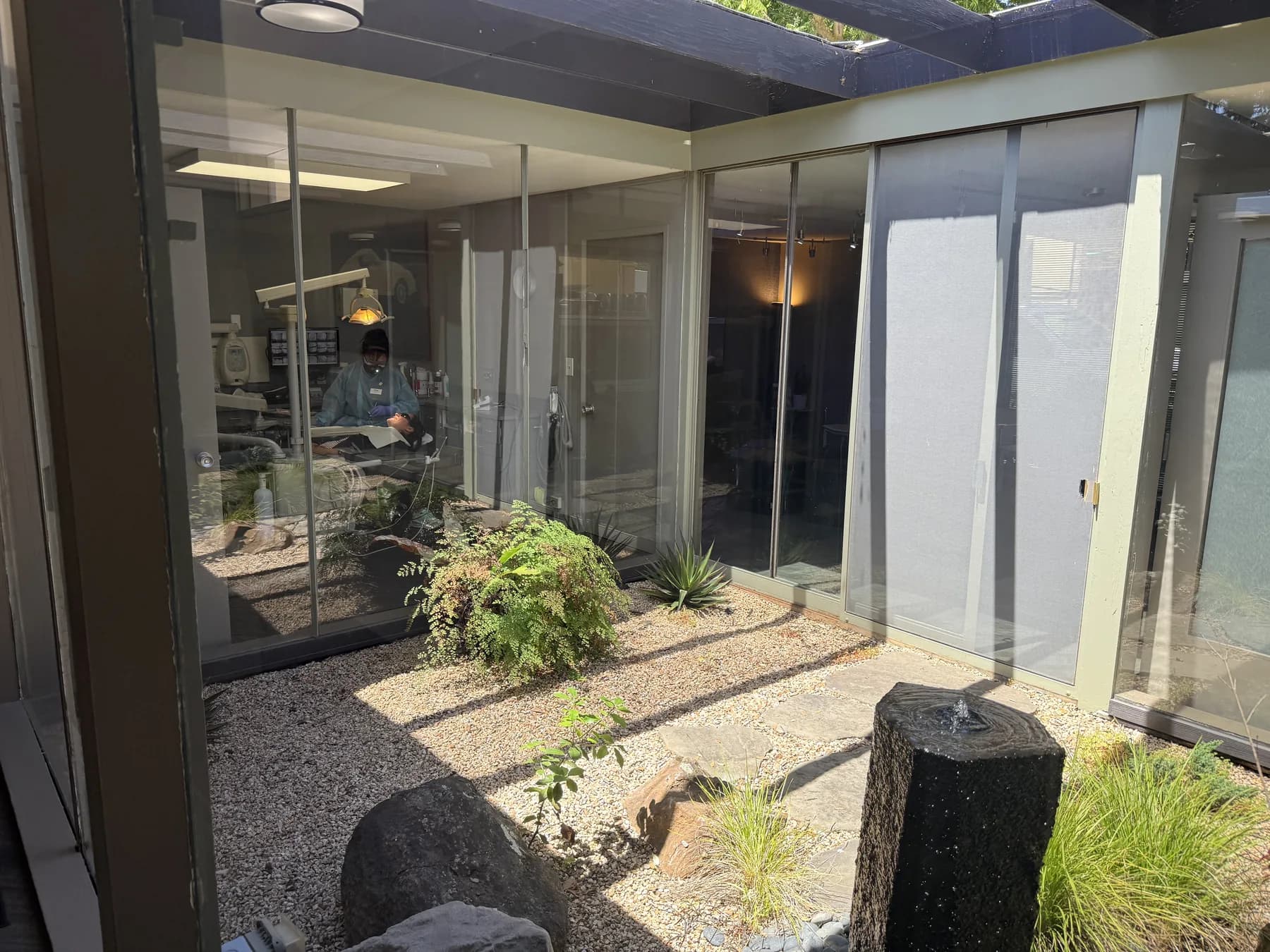 Quiet garden courtyard outside the Palo Alto dental treatment rooms